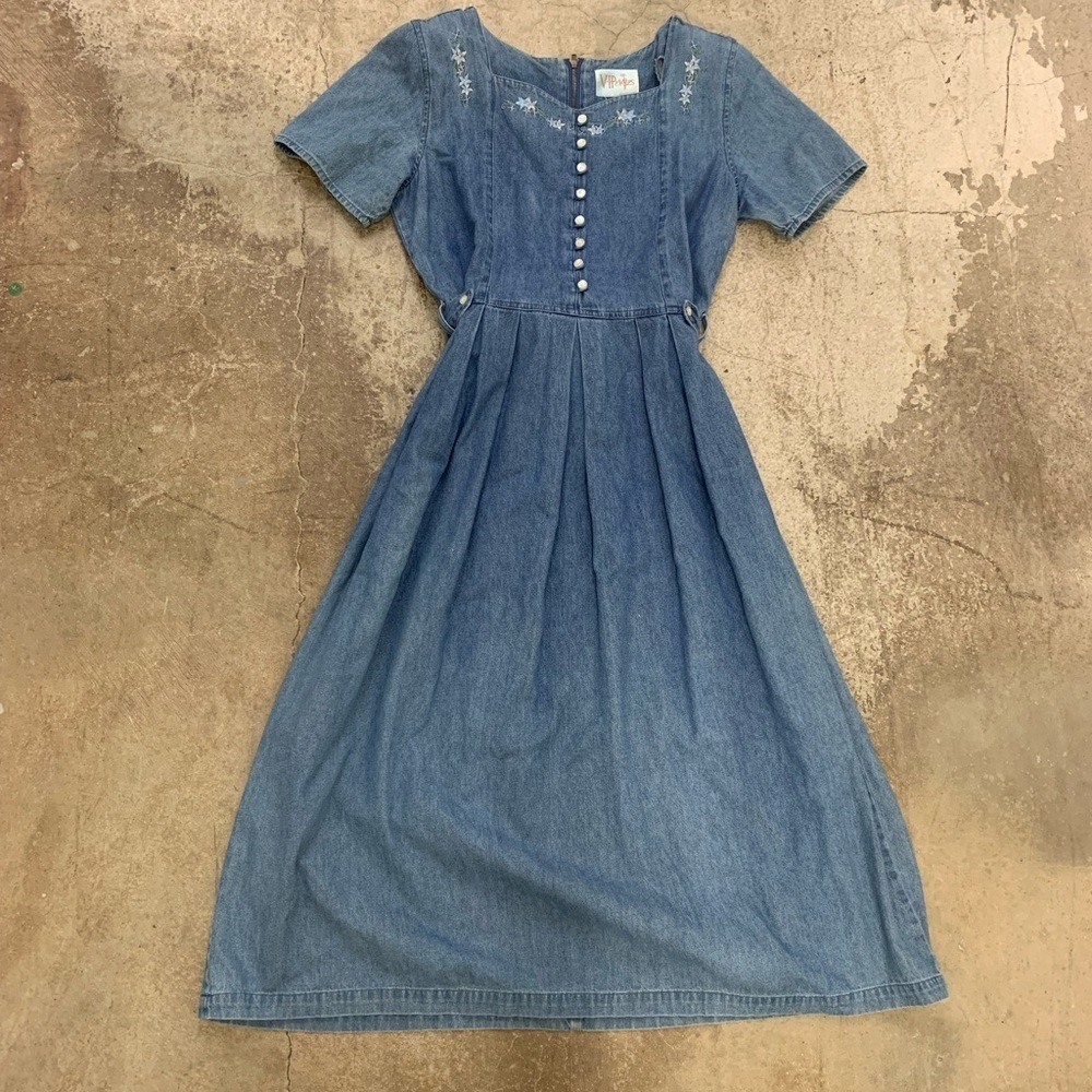 Vintage long denim dress with embroidery